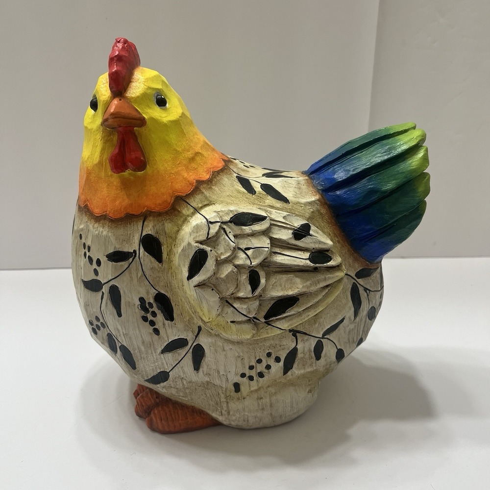 Folk Art Farmhouse Hen Decor Wooden Colorful 9x9x6" Country Core